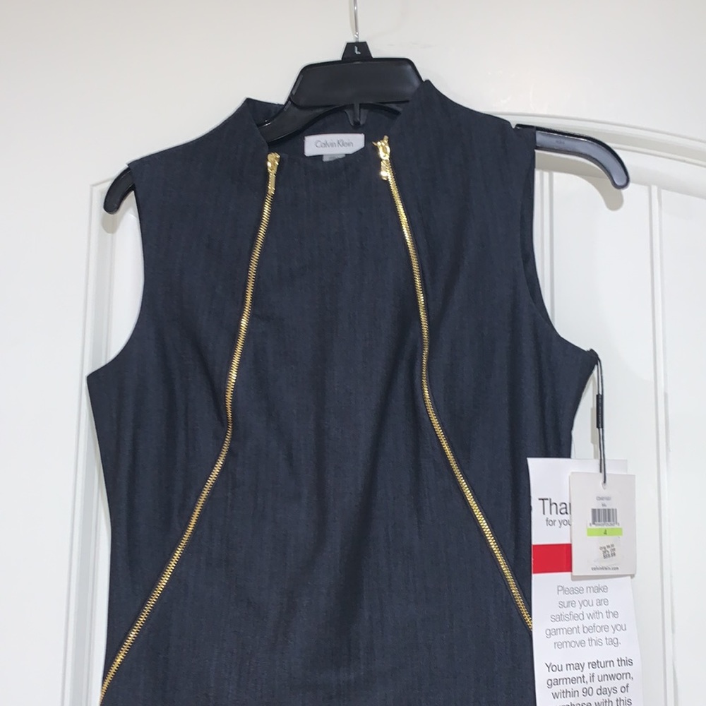 NWT Calvin Klein Navy jean shift dress with Gold double zipper - Picture 3 of 8